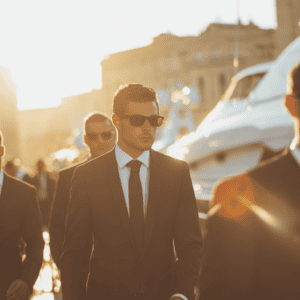 VIP executive protection team providing discreet close protection for a high-profile client near a luxury yacht in Albania
