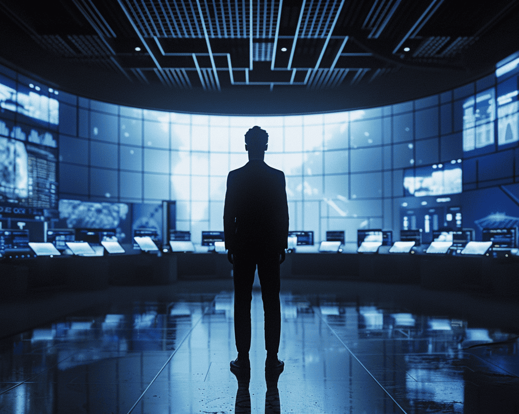 Security control room with operator monitoring multiple screens, representing strategic planning and real-time surveillance in modern security systems