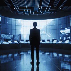 Security control room with operator monitoring multiple screens, representing strategic planning and real-time surveillance in modern security systems