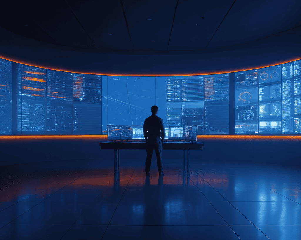 Silhouetted person stands at a high-tech command center with curved blue screens and orange edge lighting.