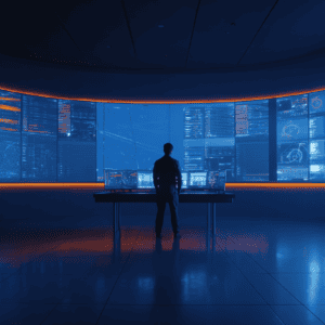 Silhouetted person stands at a high-tech command center with curved blue screens and orange edge lighting.