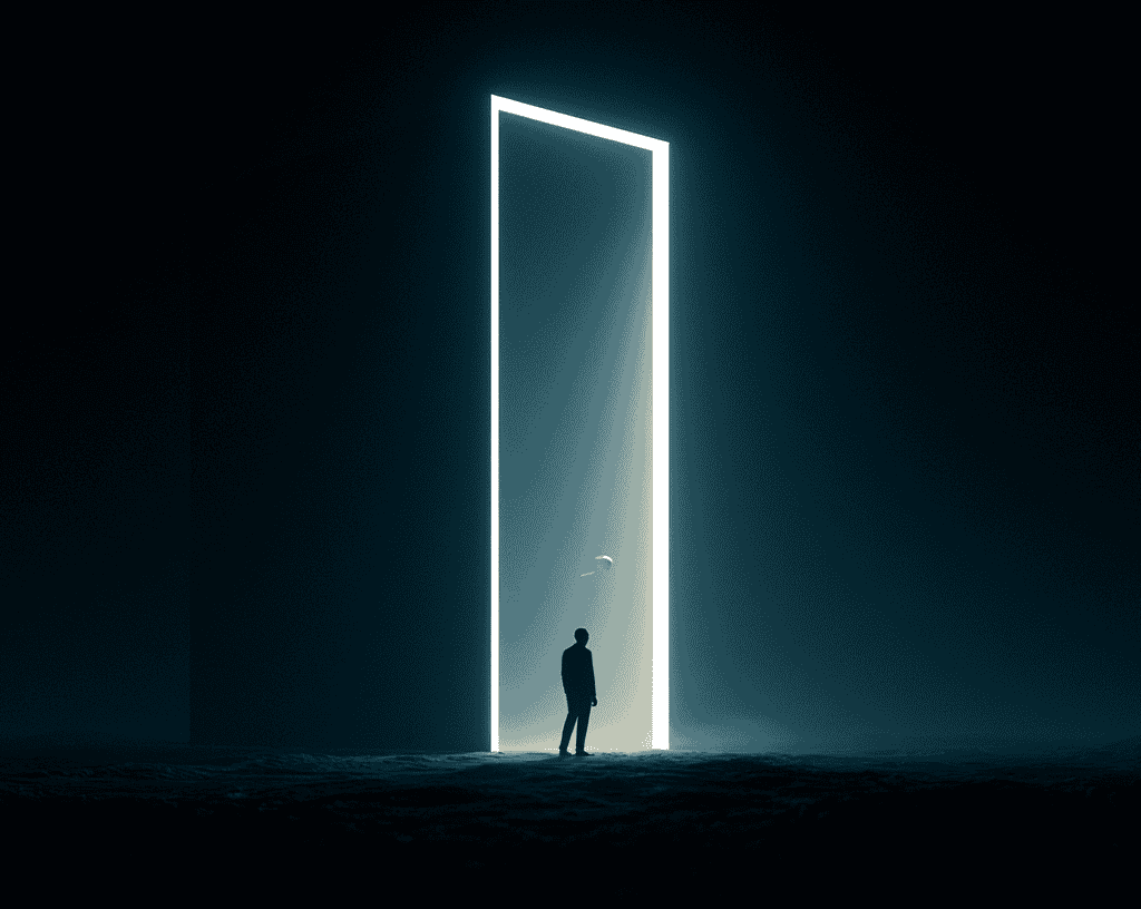 Minimalist glowing door in dark environment symbolizing a €1 security decision and protection against risk and loss
