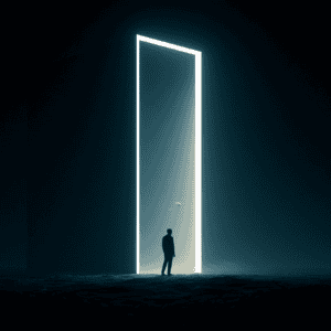 Minimalist glowing door in dark environment symbolizing a €1 security decision and protection against risk and loss