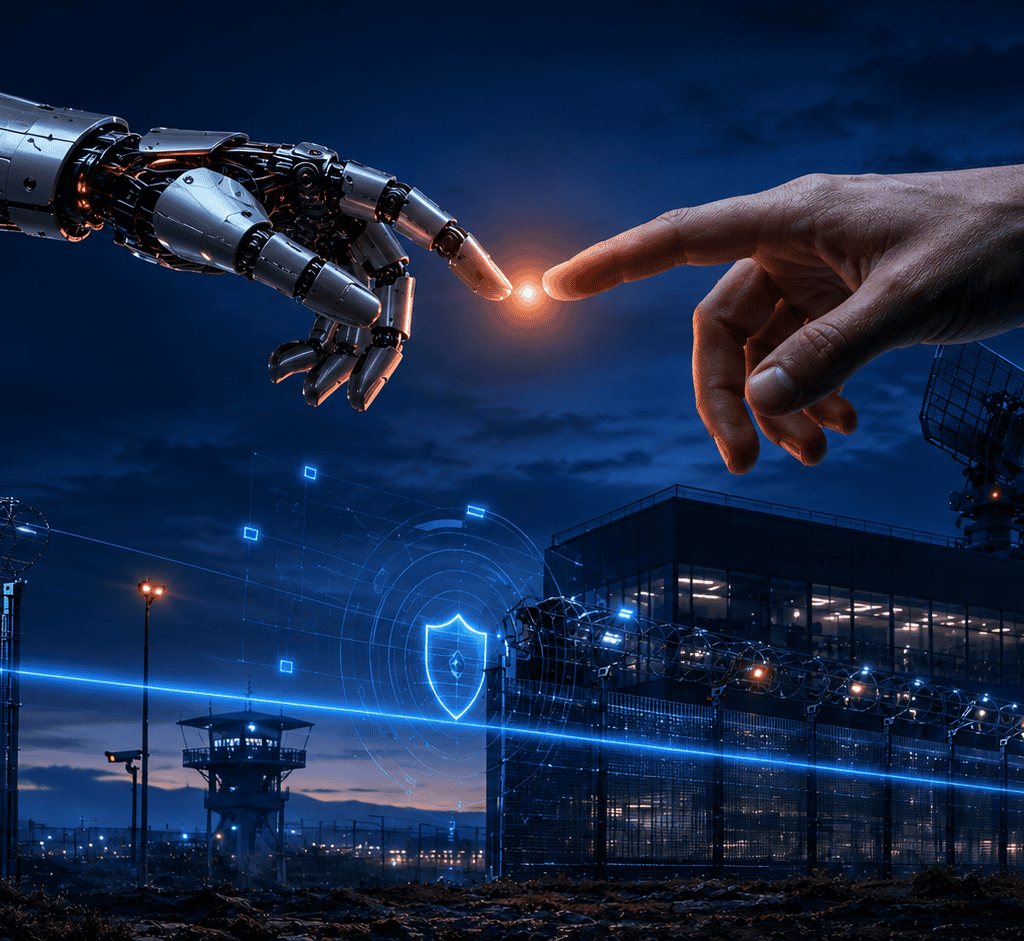 Human and robotic hands reaching toward each other above an advanced perimeter security system with AI surveillance, radar detection, and protected industrial infrastructure at night.