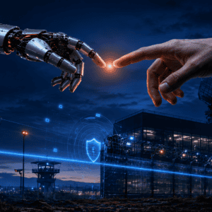 Human and robotic hands reaching toward each other above an advanced perimeter security system with AI surveillance, radar detection, and protected industrial infrastructure at night.