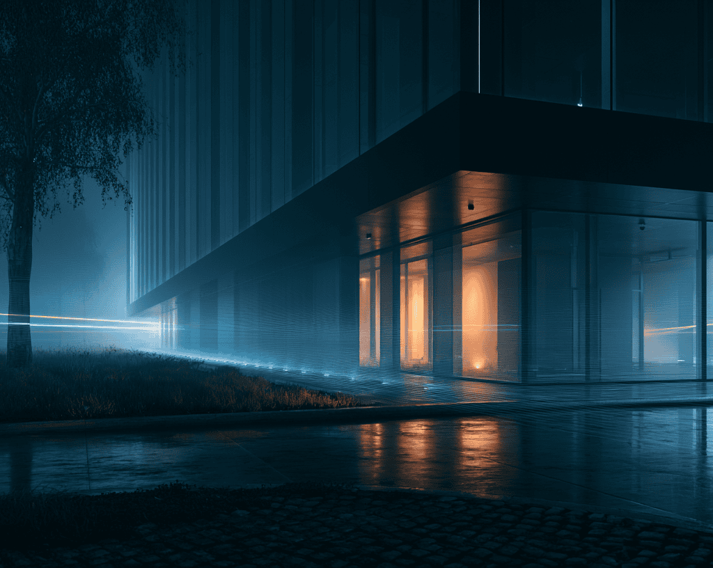 Modern commercial building protected by intelligent perimeter security system with AI surveillance, infrared perimeter detection, and cinematic night lighting.