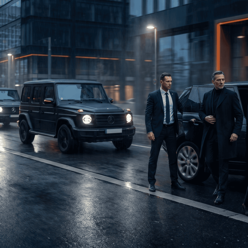 Executive protection agents escorting a VIP beside luxury security vehicles in a rainy modern city environment during a secure transportation operation.