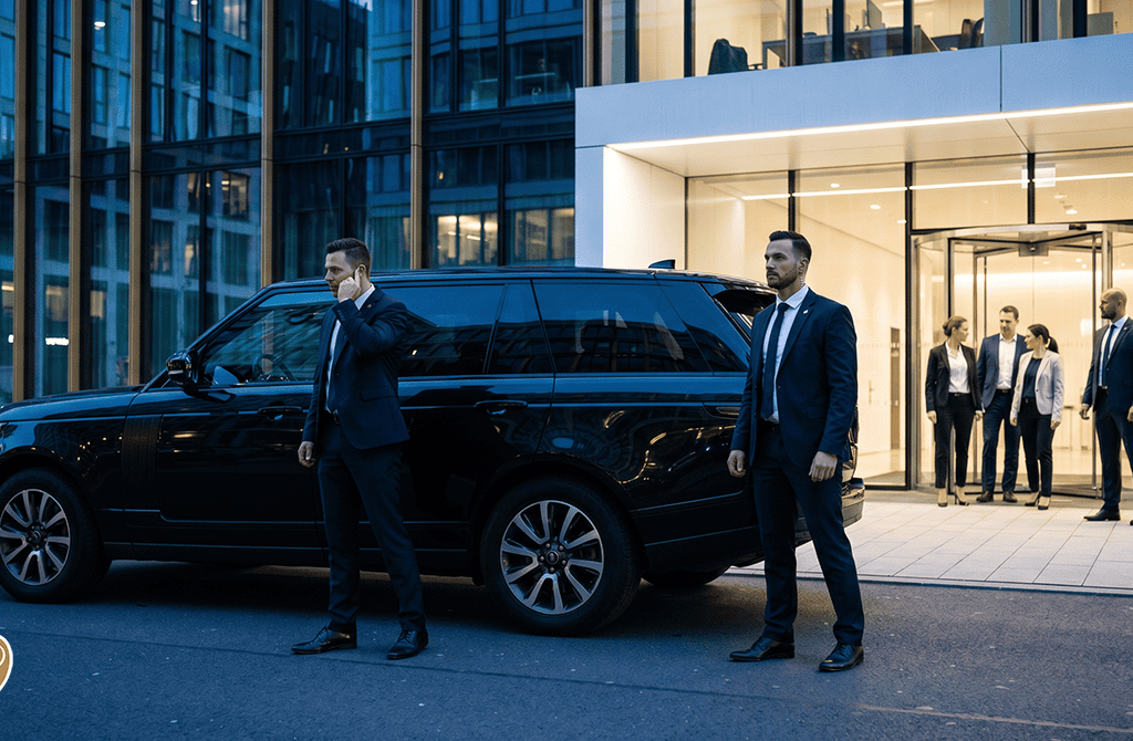 Professional security officers providing immediate security response outside a modern corporate headquarters with a luxury SUV and executive protection team.