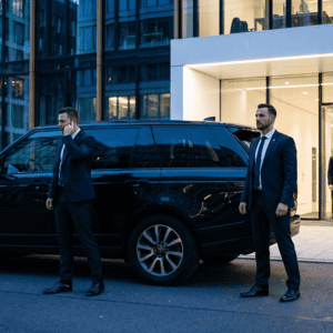 Professional security officers providing immediate security response outside a modern corporate headquarters with a luxury SUV and executive protection team.