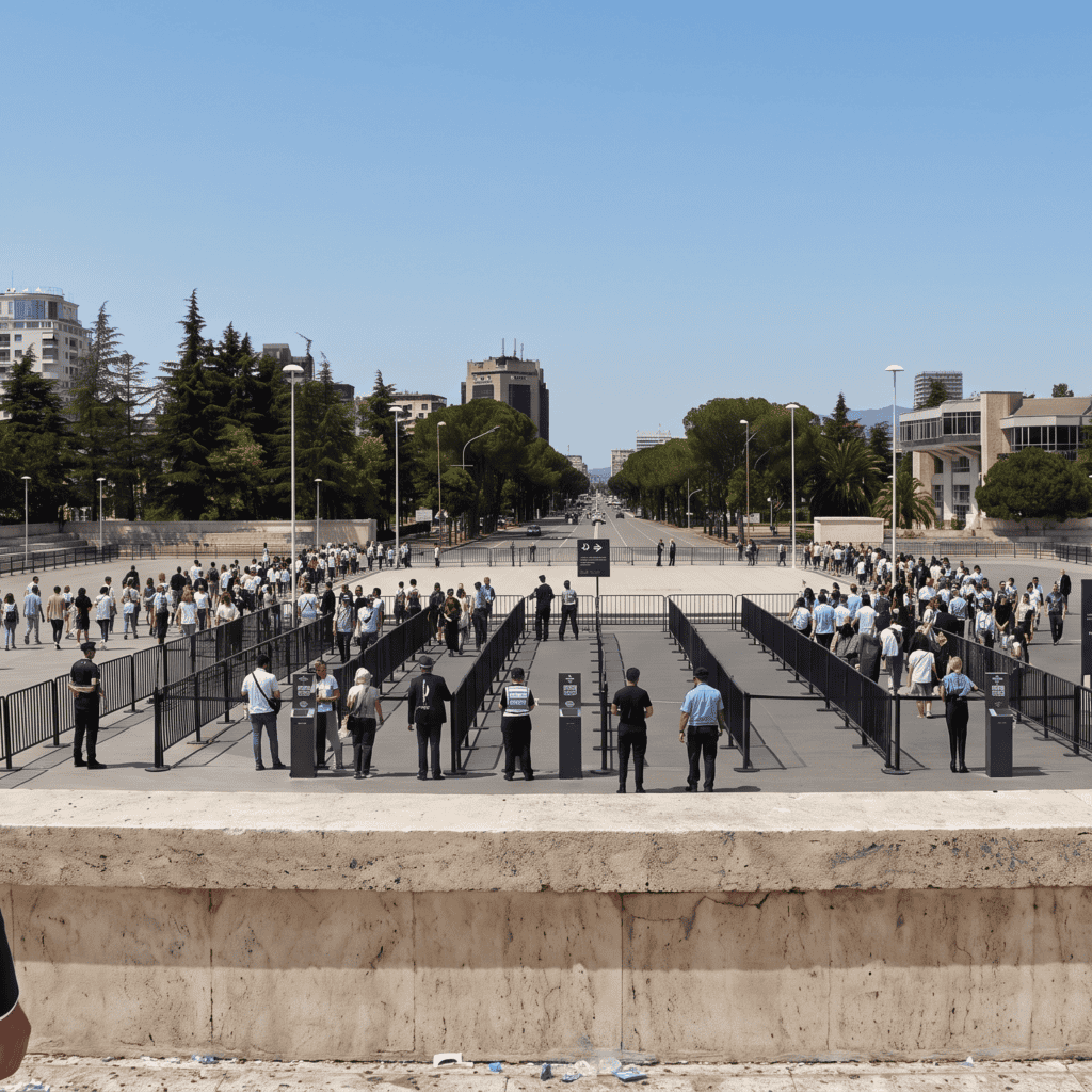 GSE Security personnel managing controlled access lanes and crowd flow at a high-profile event in Tirana, Albania.
