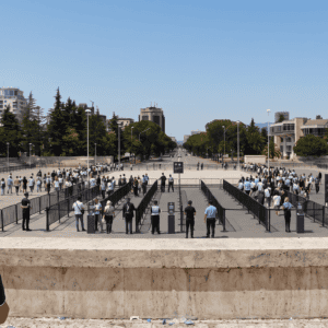GSE Security personnel managing controlled access lanes and crowd flow at a high-profile event in Tirana, Albania.